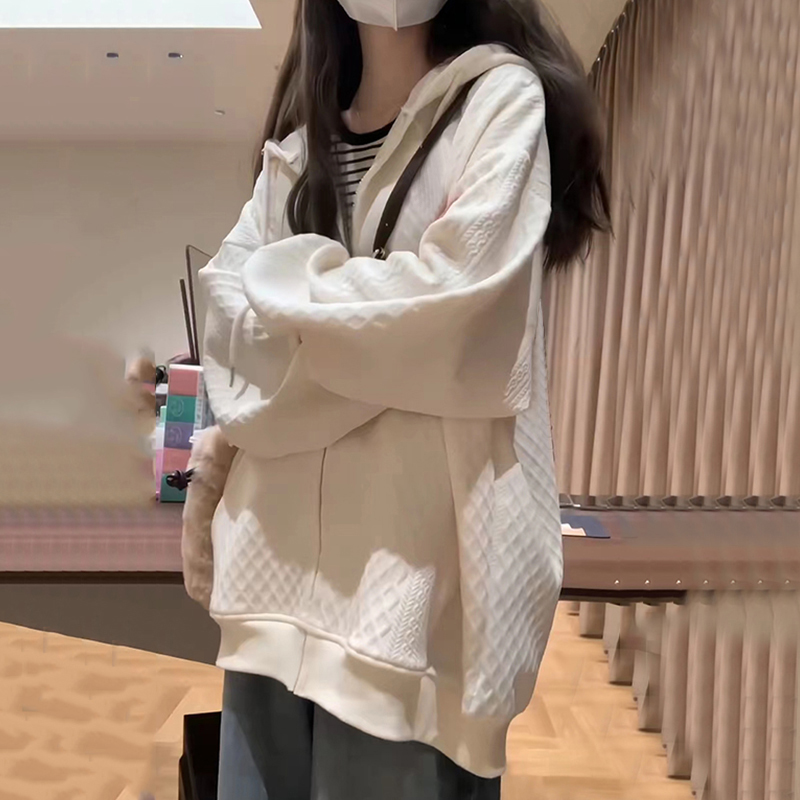 华夫格连帽卫衣女春秋oversize纯色薄款外套韩版潮慵懒开衫上衣