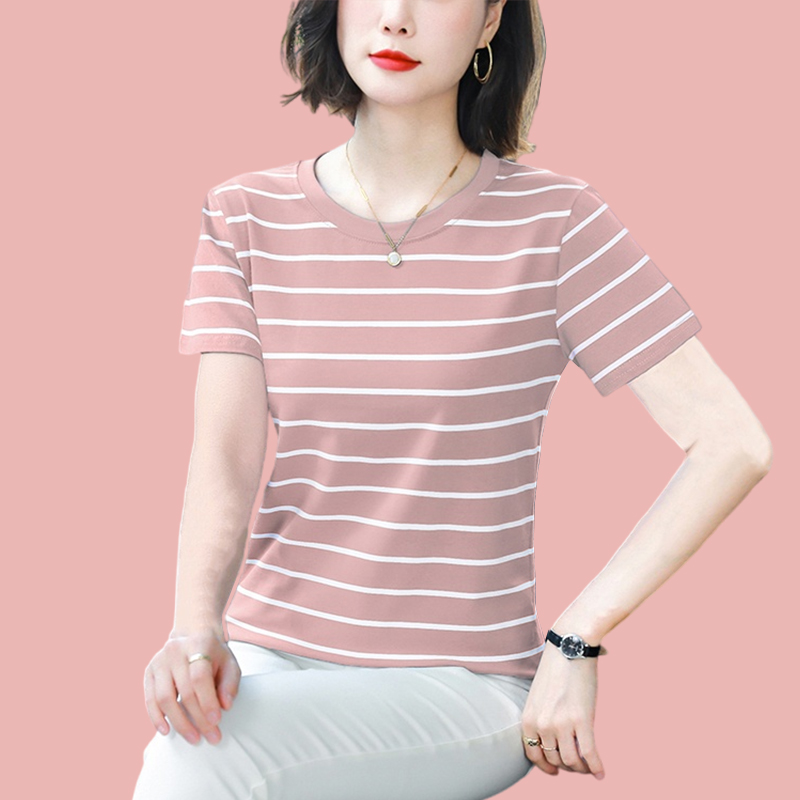 2025新款大码宽松显瘦纯棉短袖T恤女装中年妈妈夏装遮肚条纹上衣