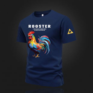 2026潮牌法国公鸡t恤短袖夏季纯棉新款炫彩公鸡印花时尚潮流男士