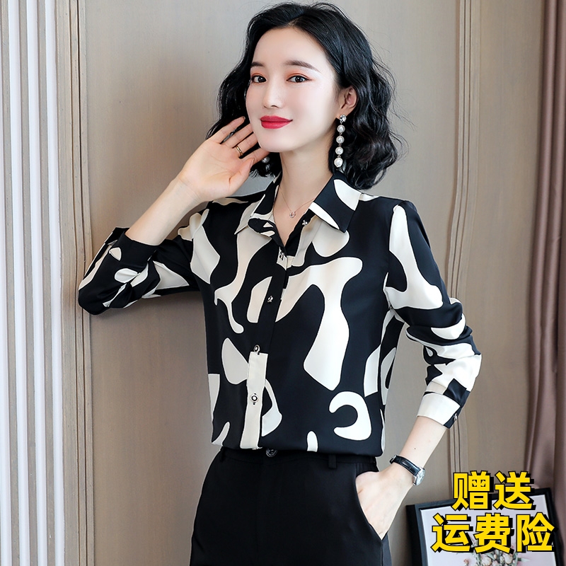 新款秋装高档印花缎面真丝衬衫