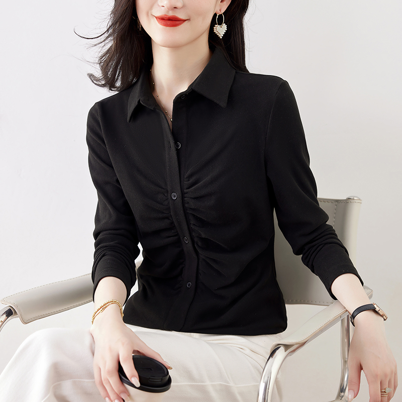 德容纯色衬衫女收腰显瘦褶皱上衣