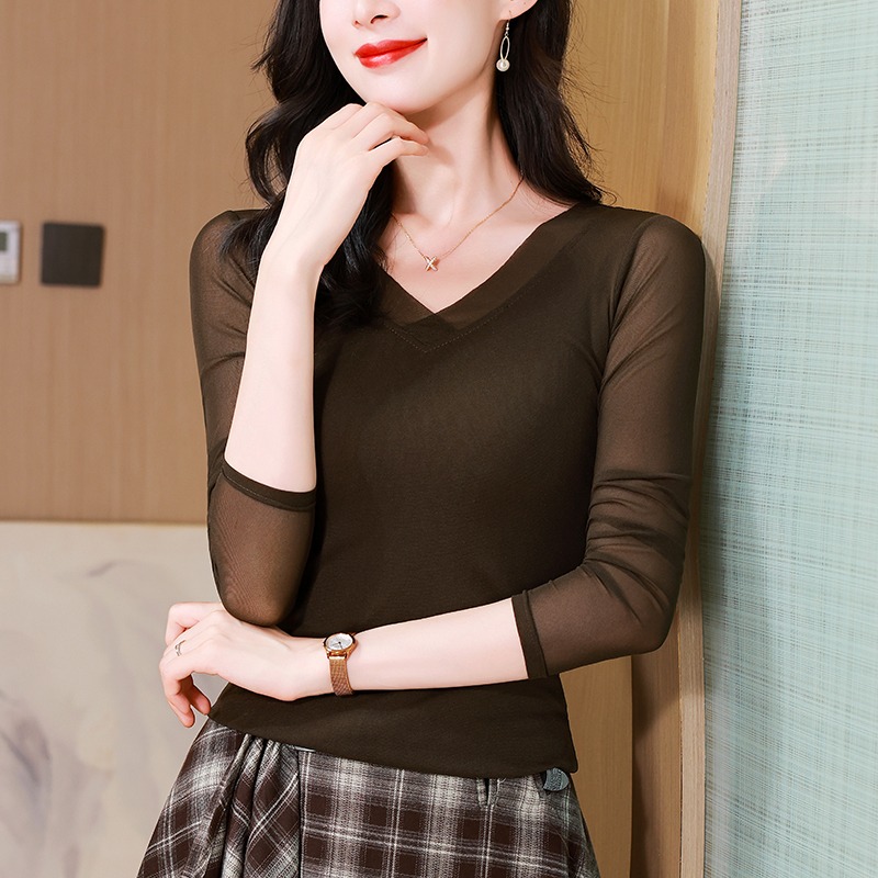 网纱V领修身显瘦打底衫长袖