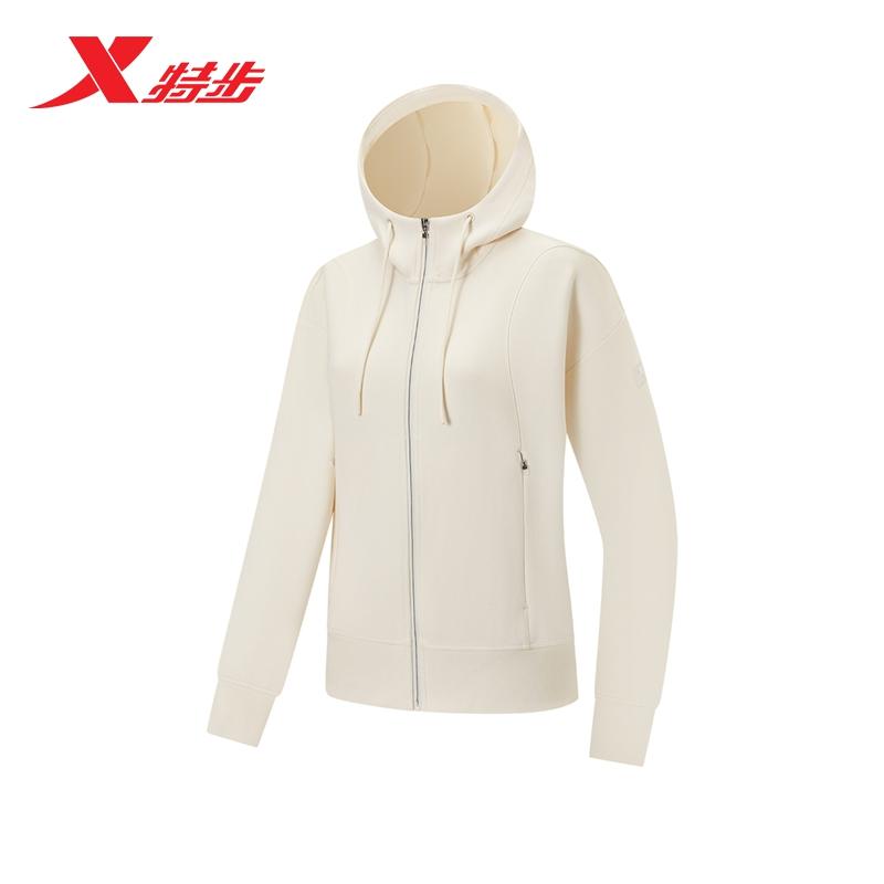 特步女款外套2025春季户外无缚轻行上衣针织连帽夹克975128940126