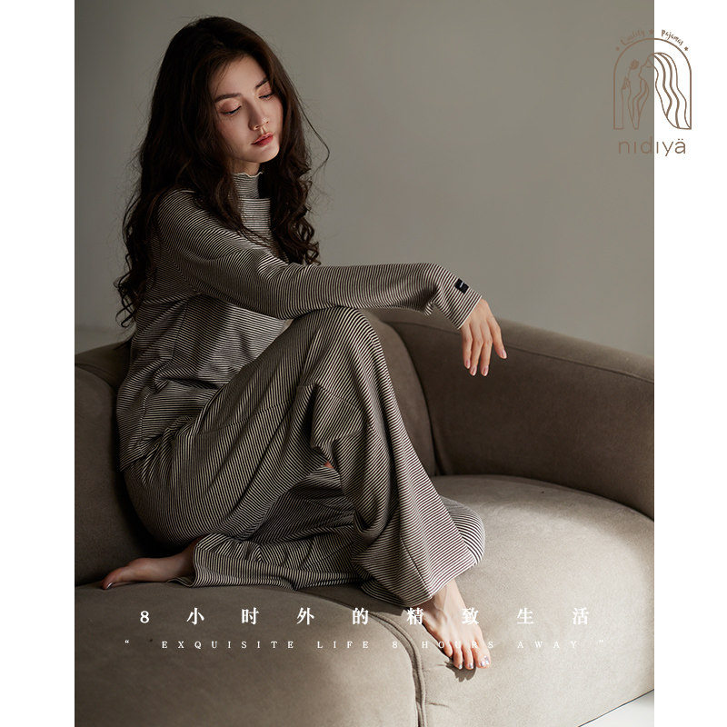 妮狄娅睡衣女秋冬季德绒保暖高领款时尚条纹可打底简约家居服套装
