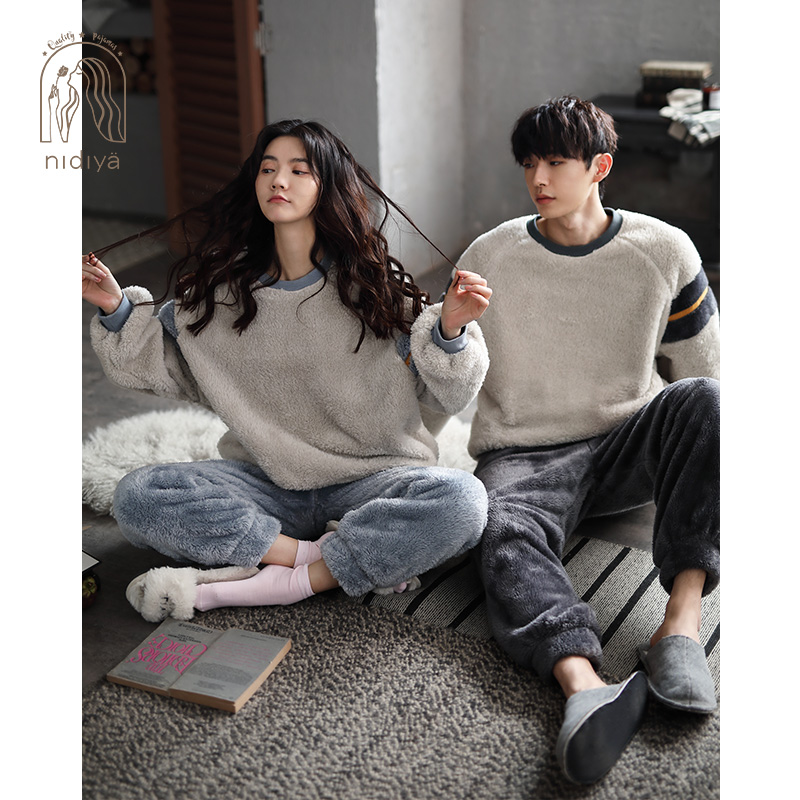 妮狄娅情侣睡衣女冬季珊瑚绒长袖套头休闲运动男可外穿家居服套装