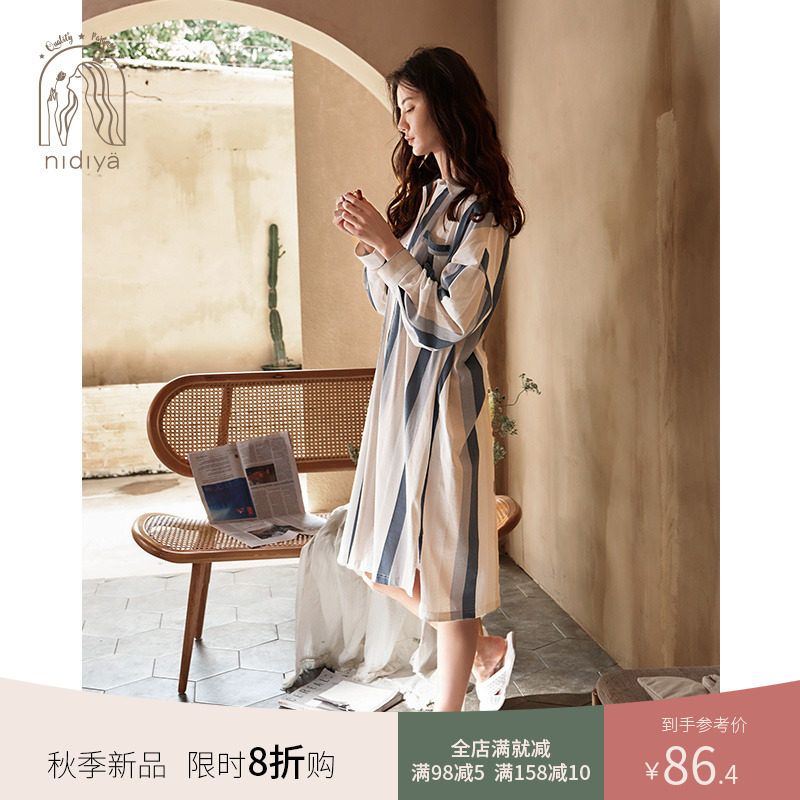妮狄娅睡裙女春秋纯棉中长款大码睡衣女休闲衬衫领复古条纹家居服