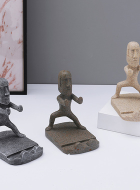 可爱功夫小人手机支架摩艾摆件工位桌面平板架装饰公仔办公室神器