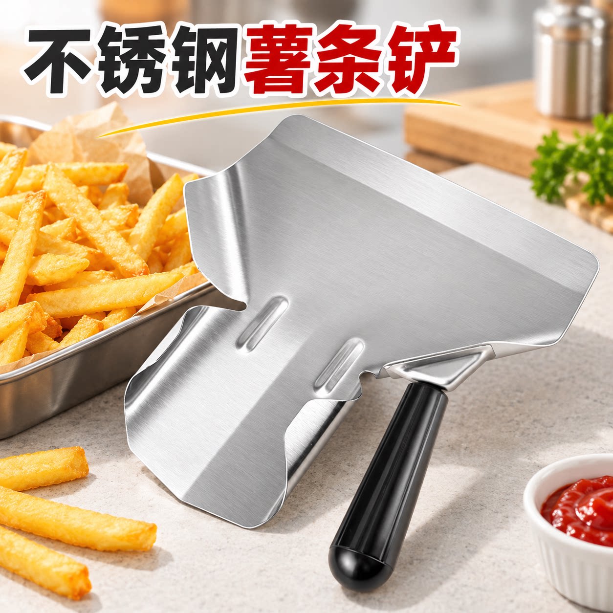 不锈钢薯条铲单柄商用薯条打包铲倒袋铲漏斗肯德基麦当劳薯条铲子