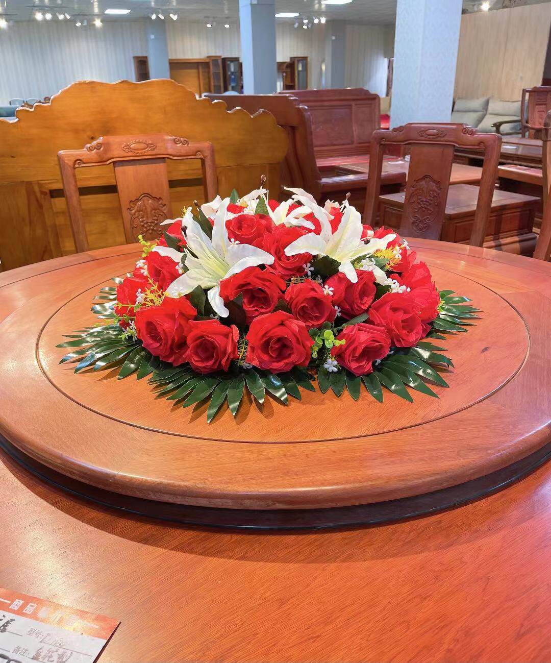 仿真花饭店大餐桌摆放花圆形台花假花红玫瑰转盘装饰花包间摆设花
