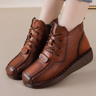 头层牛皮真皮坡跟中跟软底复古风中老年妈妈鞋 加绒保暖短靴 女冬季