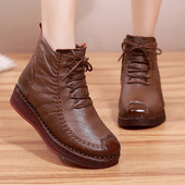 头层牛皮牛筋防滑软底妈妈棉鞋 平跟厚底真皮冬季 中老年女加绒短靴