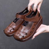 女夏季 新款 软底防滑真皮妈妈鞋 牛皮牛筋底坡跟凉鞋 中老年厚底女鞋