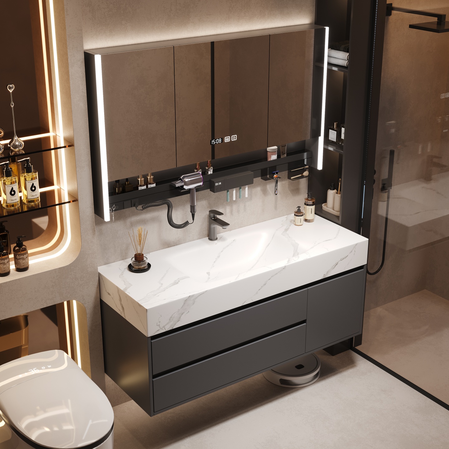轻奢酒店风岩板热弯浴室柜组合