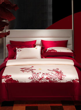 思辰家纺结婚四件套纯棉140S喜庆高级感龙凤刺绣红色婚嫁床上用品