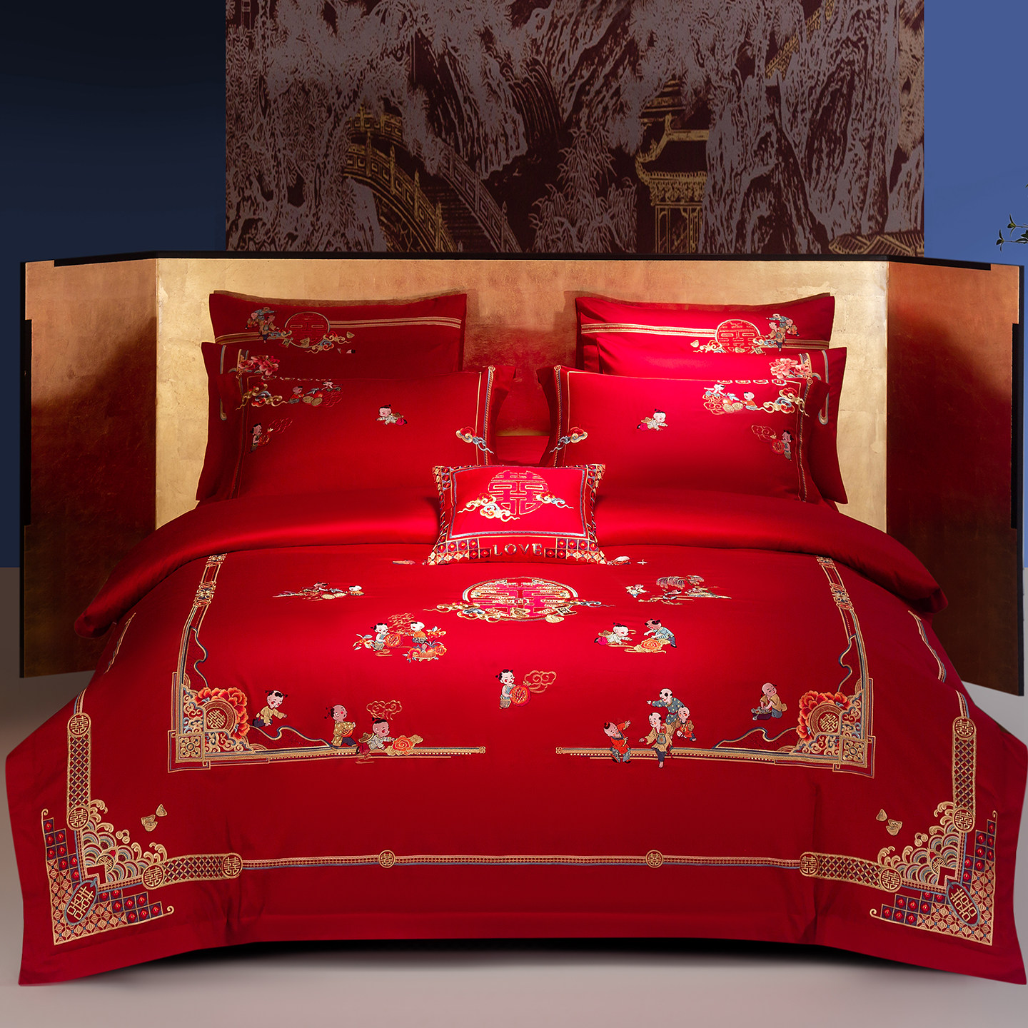 思辰家纺结婚四件套大红色纯棉百子图刺绣高档婚庆床上用品十件套
