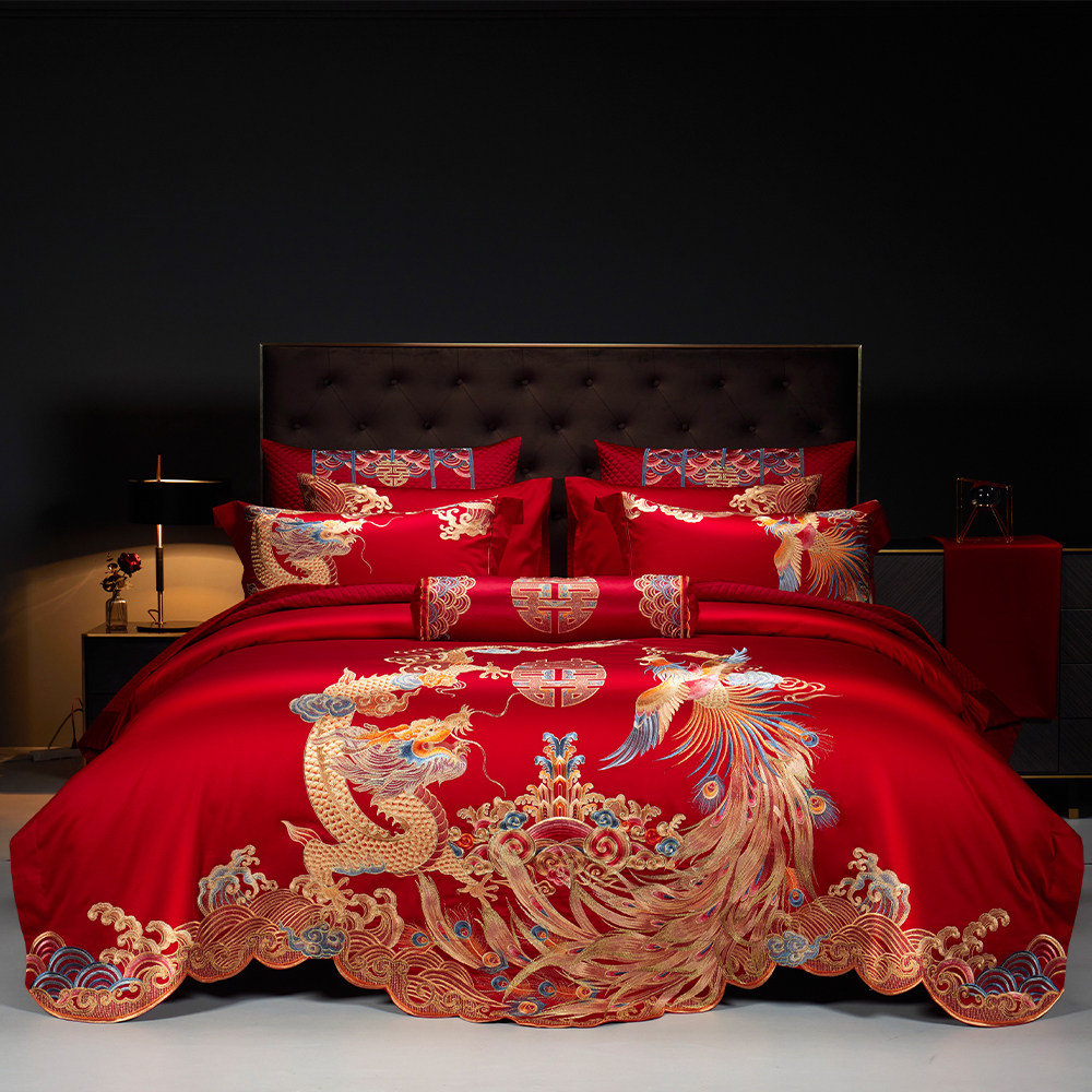 思辰家纺婚庆四件套大红龙凤结婚十件套新婚床单被套婚礼床上用品
