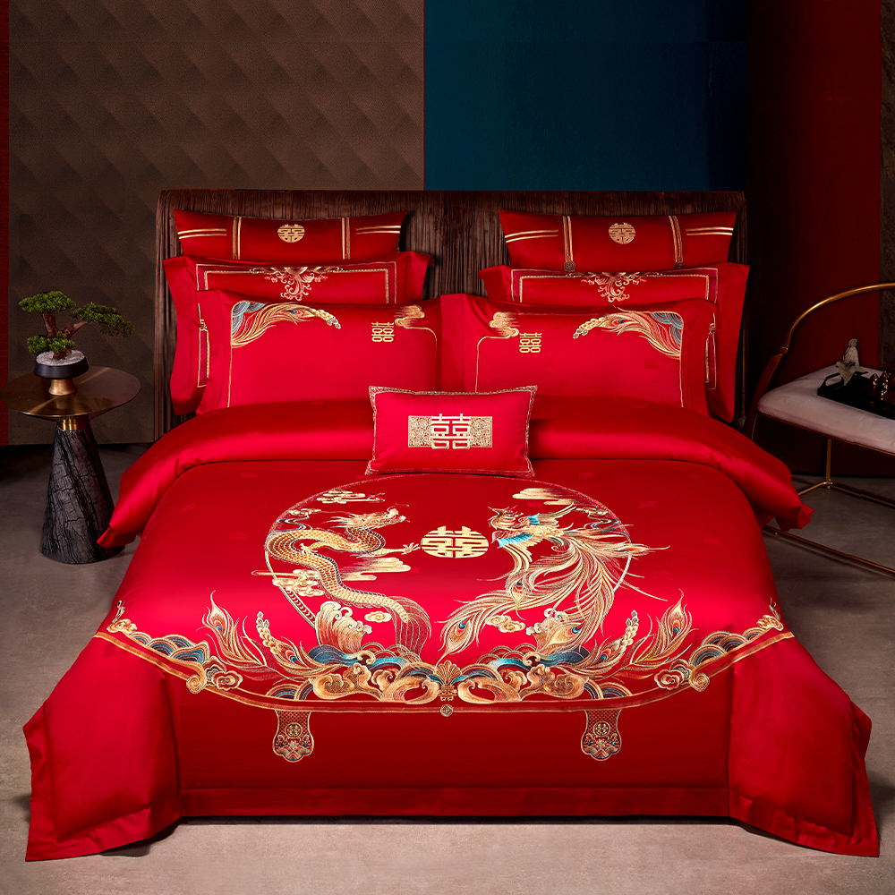 思辰家纺高端婚庆四件组大红色龙凤刺绣结婚喜被床单十件套床上用