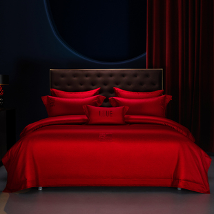 结婚四件套大红简约160S全棉喜嫁婚庆床品 新品 免费升级七件套