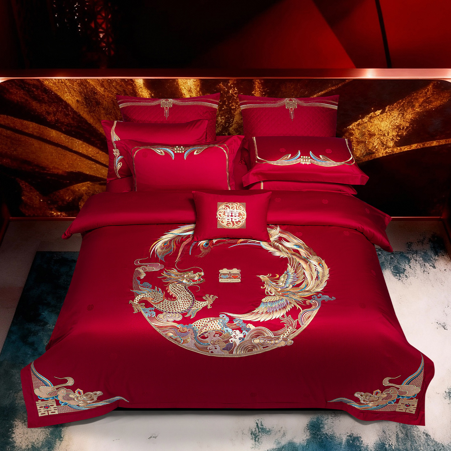 思辰高端龙凤婚庆四件套全棉喜庆大红色婚被奢华结婚套装床上用品