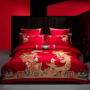 140支大红色龙凤结婚四件套全棉纯棉婚庆刺绣喜被高端床品十件套