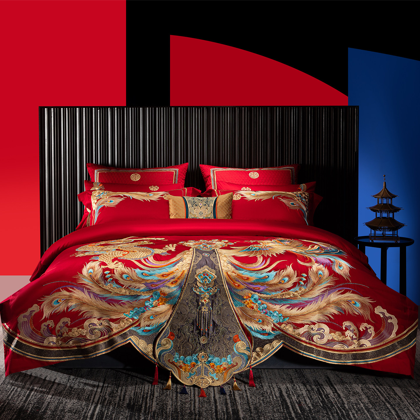 思辰新品结婚四件套大红色龙凤喜庆婚被全棉新婚庆陪嫁十件套床品