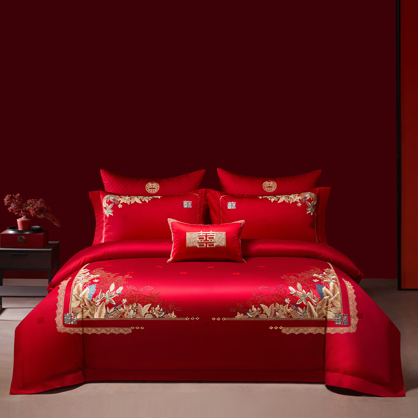 思辰高端婚庆大红色刺绣牡丹花四件套中式陪嫁床上用品全棉七件套