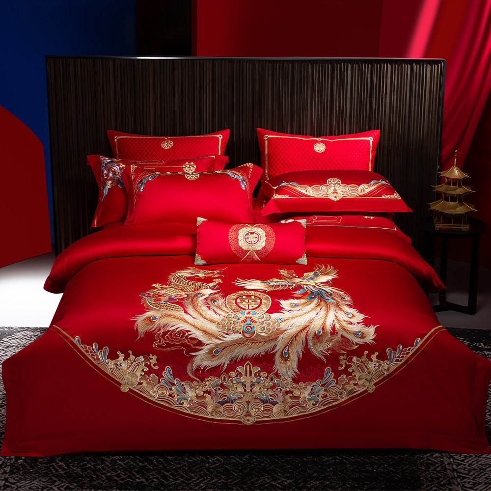 思辰家纺高端结婚四件套龙凤刺绣床上用品大红全棉喜被陪嫁十件套