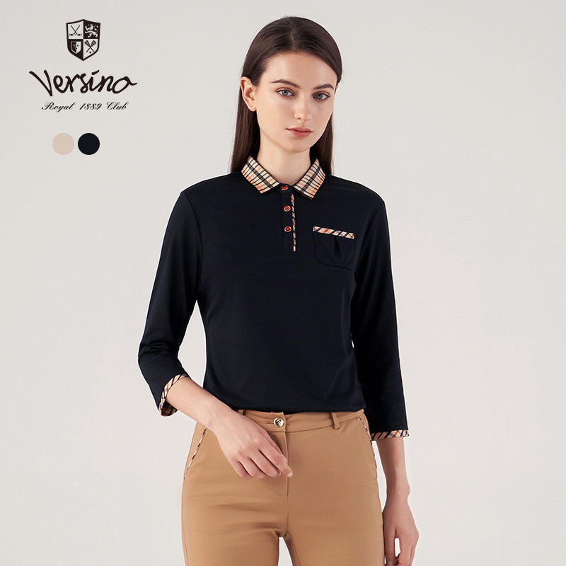 梵思诺长袖印花翻领T恤polo衫女