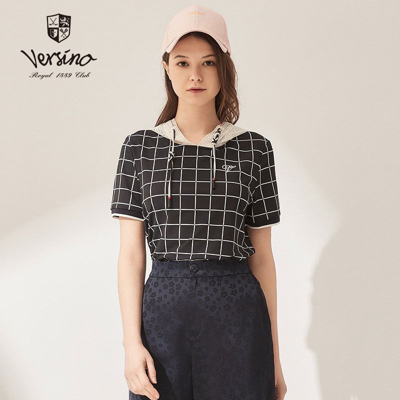 versino梵思诺女装2024春夏女复古格字短款短袖连帽卫衣休闲运动