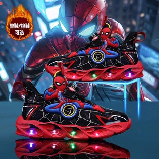 蜘蛛侠男童鞋子秋冬季2025儿童运动发光亮灯鞋男孩小童加绒二棉鞋