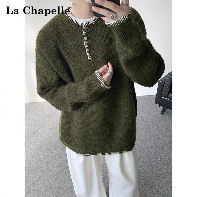 拉夏贝尔复古设计感亨利领毛衣男高级感痞帅慵懒风套头针织打底衫