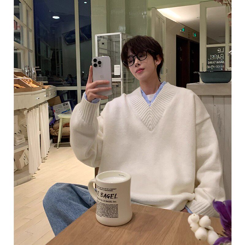 拉夏贝尔假两件v领毛衣男款秋冬韩式休闲宽松针织衫男生内搭上衣