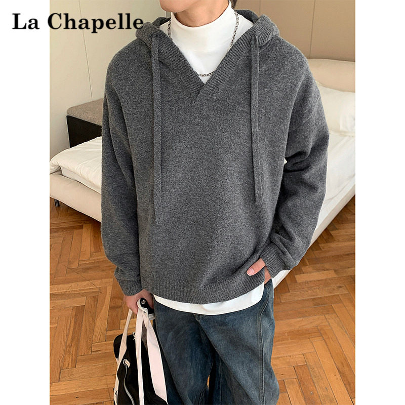 拉夏贝尔慵懒风宽松连帽针织卫衣外套秋季高级感纯色简约毛衣男款