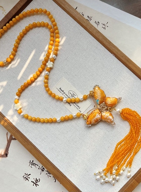原创【宋锦蝴蝶】水晶流苏吊坠长款项链新中式古风汉服毛衣链配饰