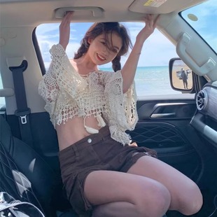 防晒罩衫甜辣波西米亚风镂空针织开衫独特短款泳衣外套比基尼外搭