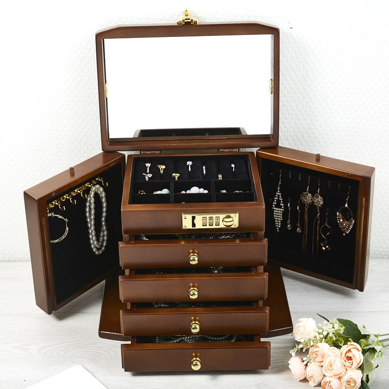 实木密码锁六角造型大容量首饰盒