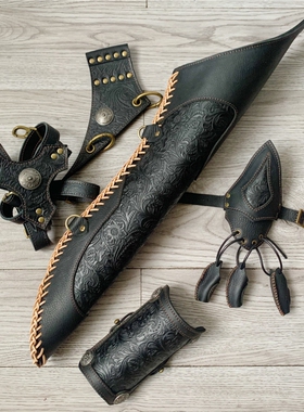 【套装】真皮牛皮射箭反曲美猎箭囊箭壶携行具背式腰挂护臂护指