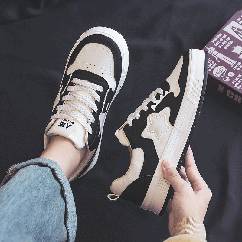 人本板鞋男士皮面防水百搭拼色球鞋2023秋季新款潮流休闲男生鞋子