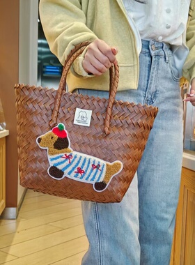 腊肠狗编织包手提复古藤编菜篮子通勤度假风大容量竹节手拎沙滩包