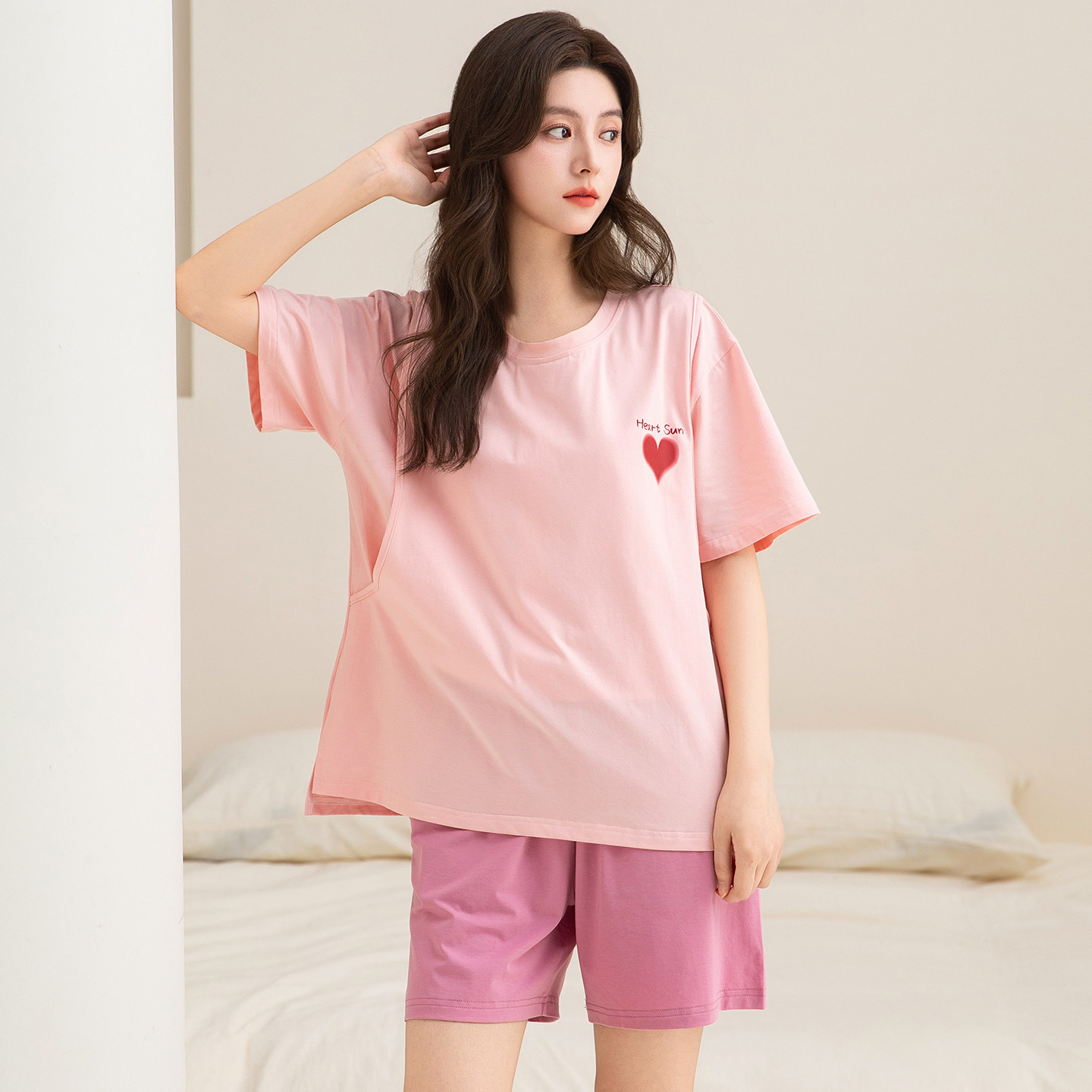 孕妇睡衣纯棉A类夏薄款短袖女款2026新款套头哺乳套装带胸垫大码