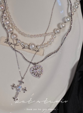 天然淡水珍珠爱心十字架多层链