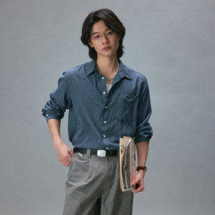 S2_NVY 化学制品 衬衫 细格纹长袖 BLU_SHIRT 新社员