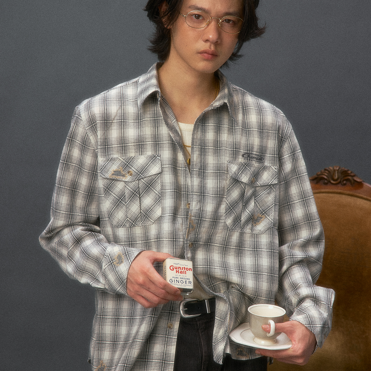 化学制品 亚利桑那之梦 做旧格纹衬衫 S2_GRY/CRM_SHIRT