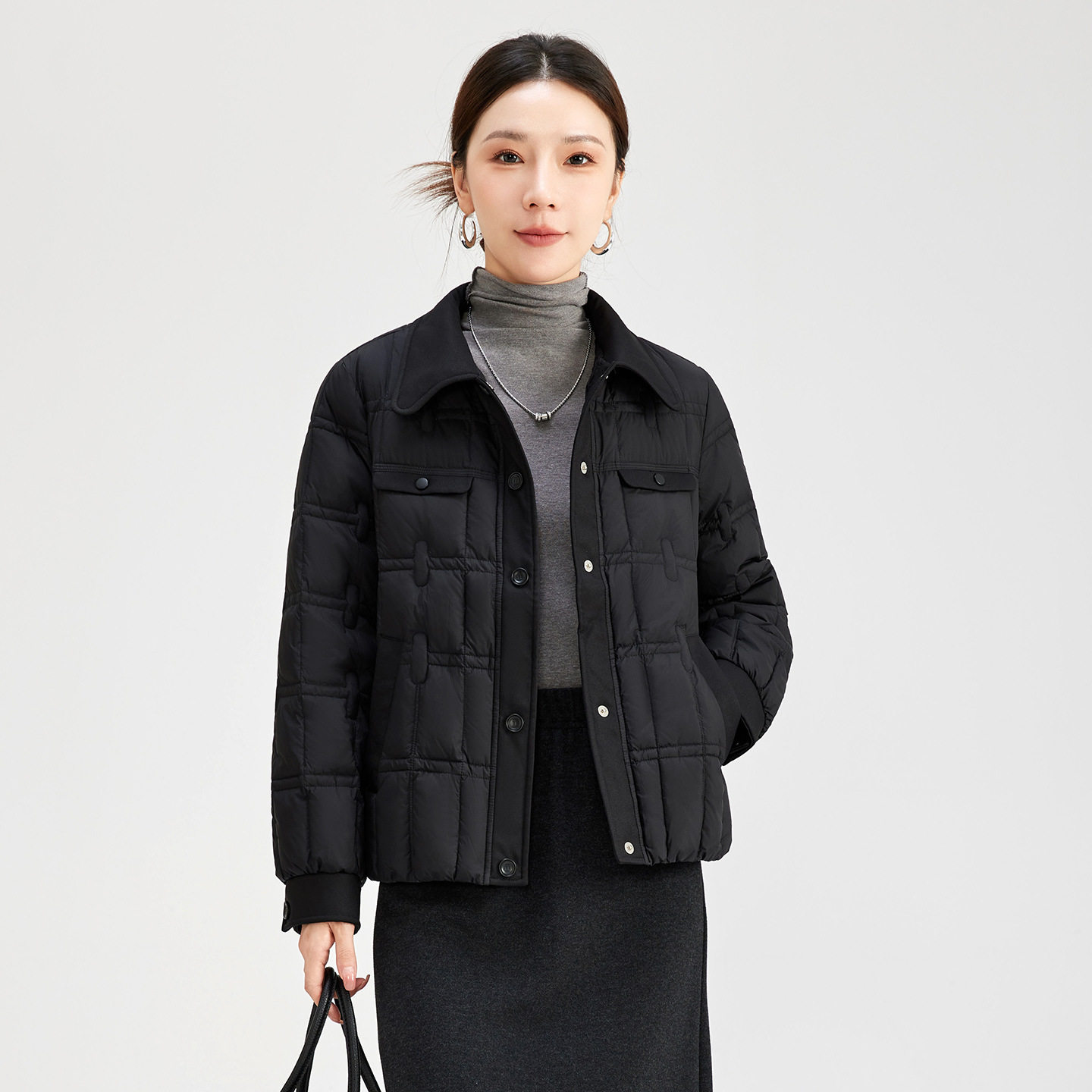冬季新款羽绒服休闲翻领夹克款黑色日常气质通勤潮流外套女5055