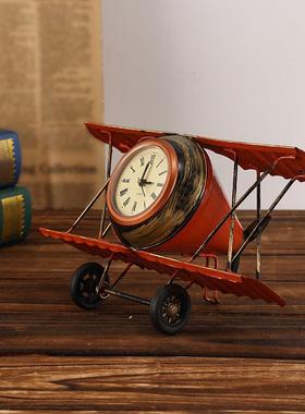 金属铁艺飞机钟表模型桌面复古时钟摄影道具摆件办公桌面装饰摆件