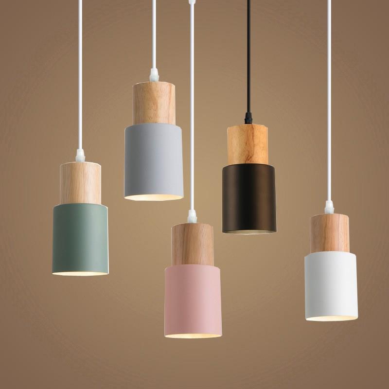 北欧马卡龙小吊灯现代创意简约木艺吧台餐厅卧室床头圆筒灯具