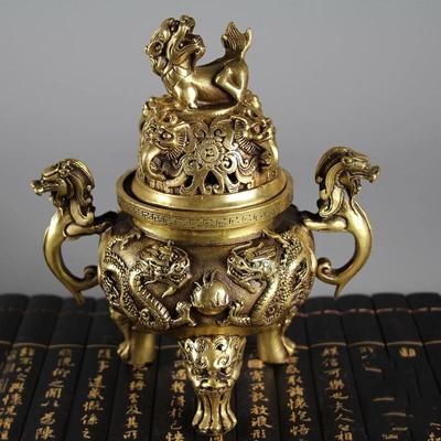 仿古古玩铜器收藏 仿古纯铜双龙戏珠香炉 大明宣德年制铜香炉摆件