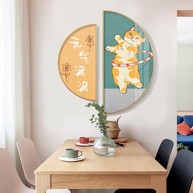 北欧餐厅装饰画现代简约饭厅壁画日式卡通猫咪半圆形走廊玄关挂画图片