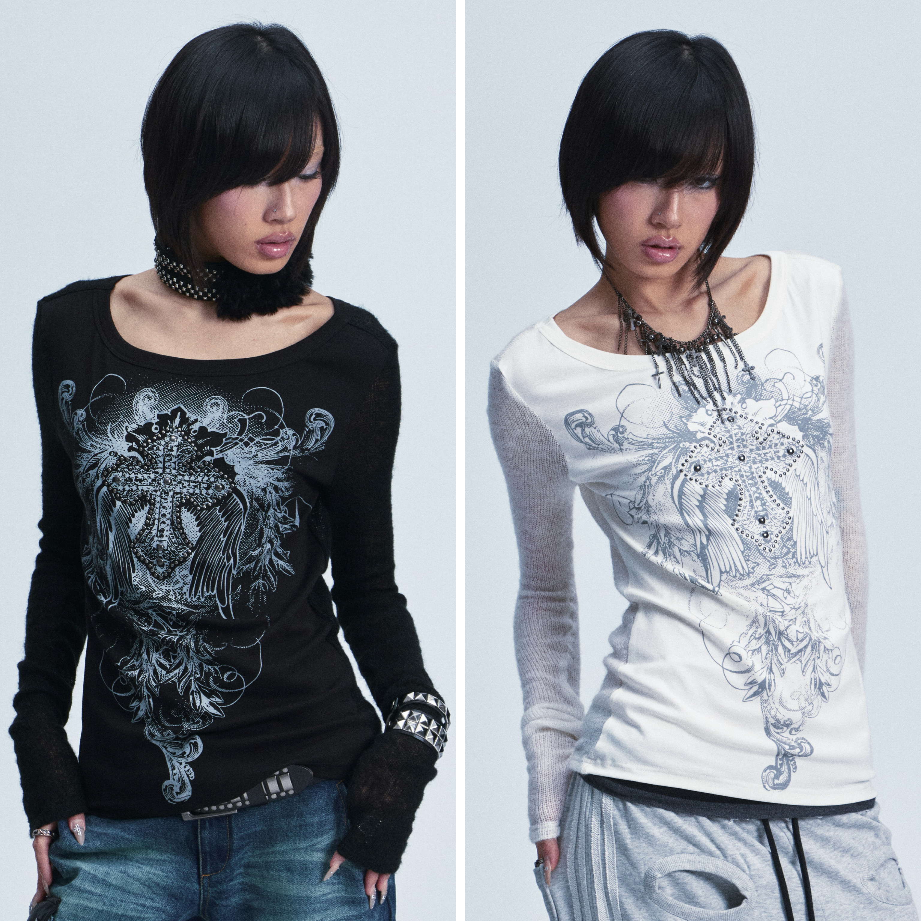 NONAME SPACE两色弹力拼接十字架印花铆钉长袖