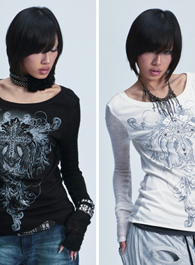 NONAME SPACE两色弹力拼接十字架印花铆钉长袖